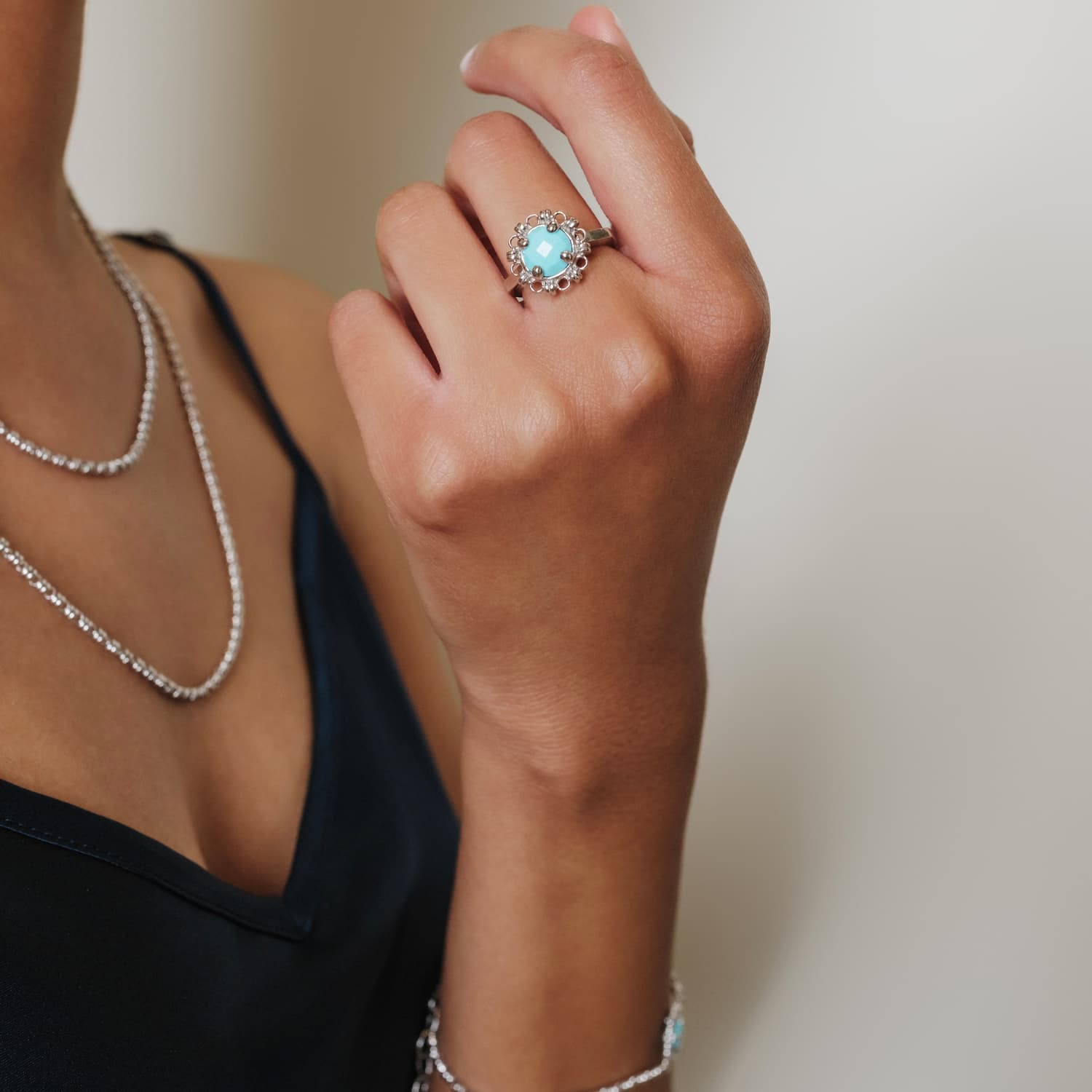 Anello Gemma in Rodio con Turchese