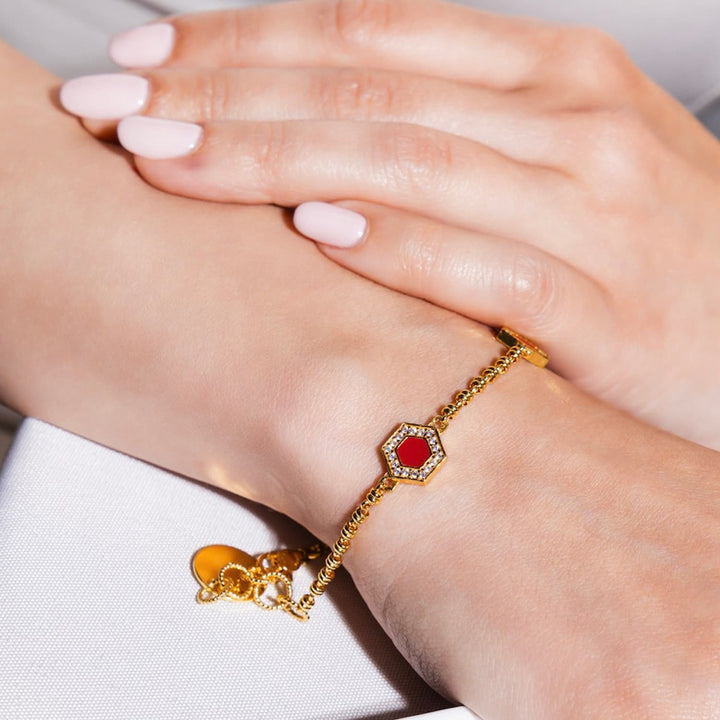 Bracciale Deco Statement in Oro con Rosso, Corallo & Pavé