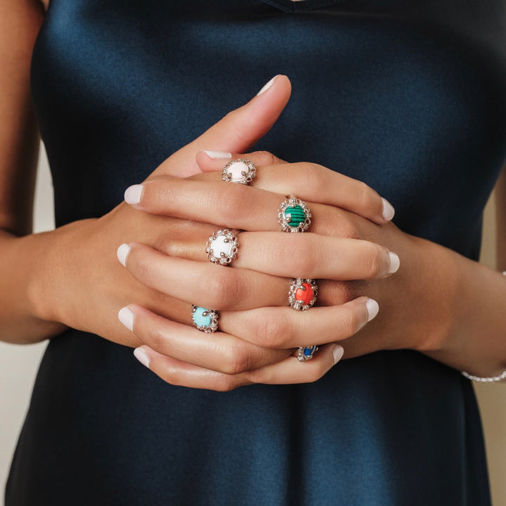 Anello Gemma in Rodio con Agata Bianca