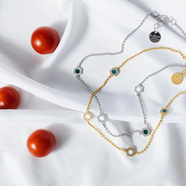 Collana Deco Statement in Rodio con Verde, Bianco & Pavé