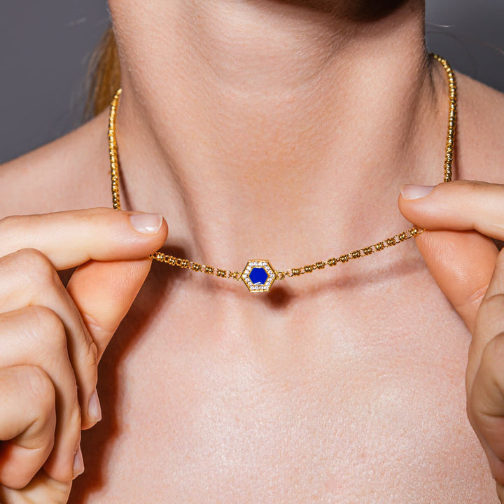 Collana Deco in Oro con Blu, Turchese & Pavé