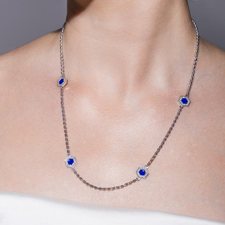 Collana Deco Statement in Rodio con Blu, Turchese & Pavé