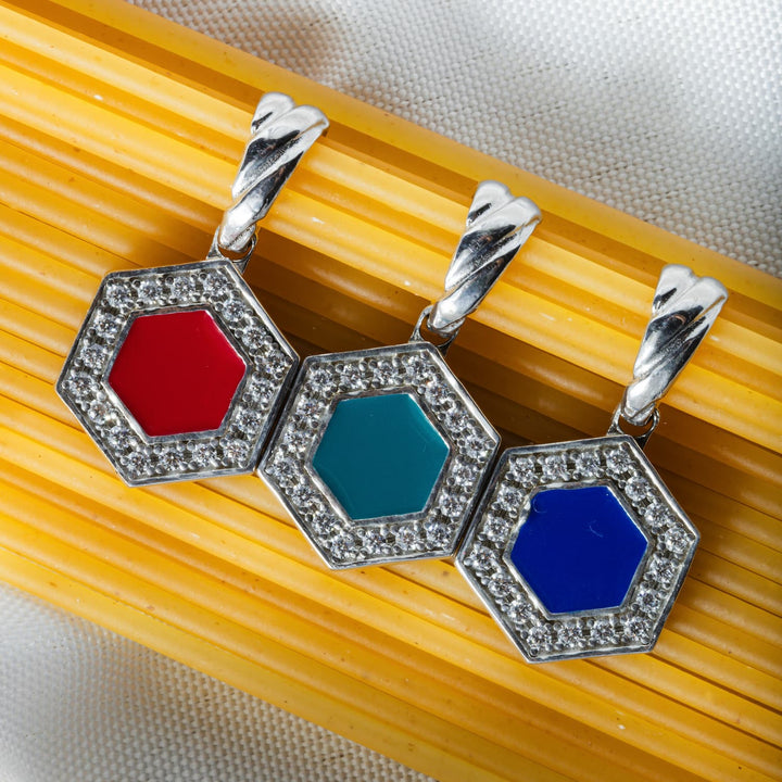 Pendente Deco in Rodio con Rosso, Corallo & Pavé