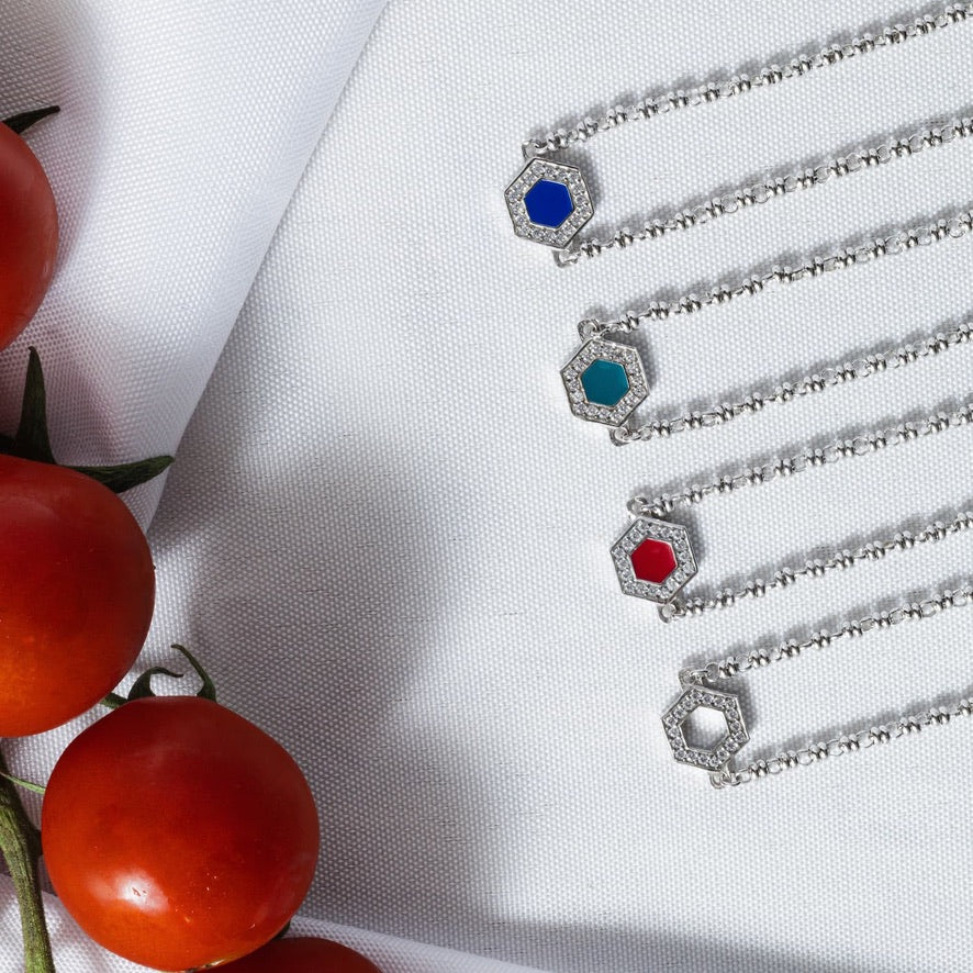 Collana Deco in Rodio con Blu, Turchese & Pavé