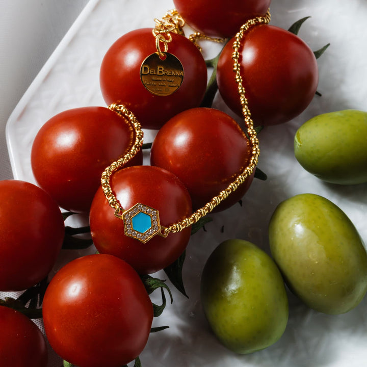 Collana Deco in Oro con Blu, Turchese & Pavé