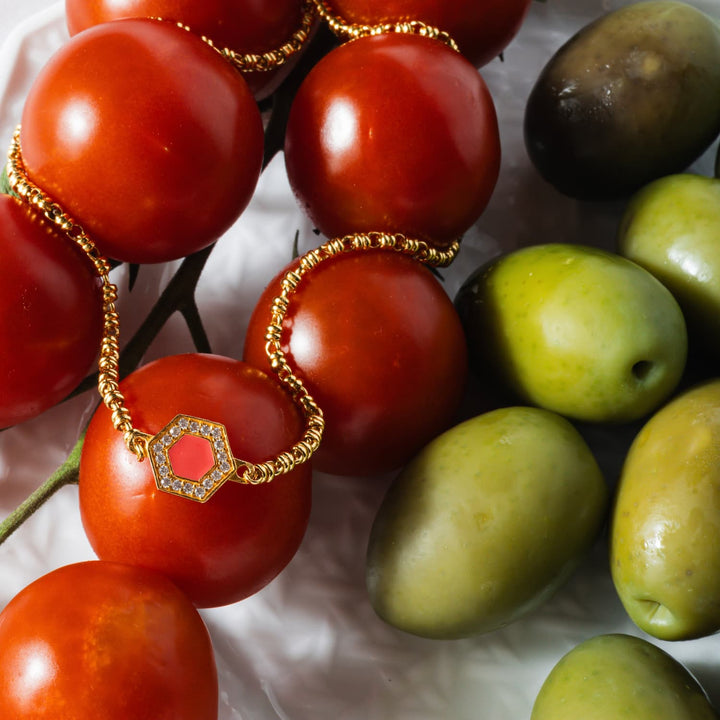 Collana Deco in Oro con Rosso, Corallo & Pavé