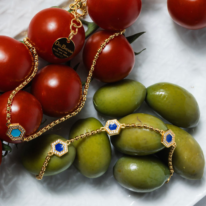 Bracciale Deco Statement in Oro con Blu, Turchese & Pavé