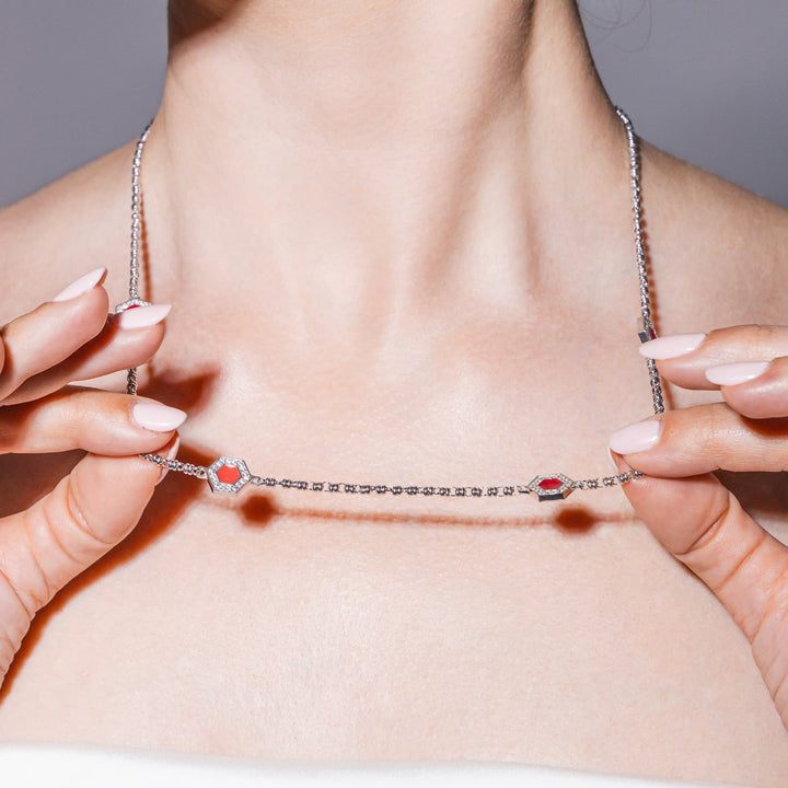 Collana Deco Statement in Rodio con Rosso, Corallo & Pavé