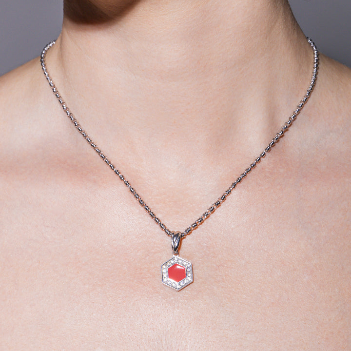 Pendente Deco in Rodio con Rosso, Corallo & Pavé