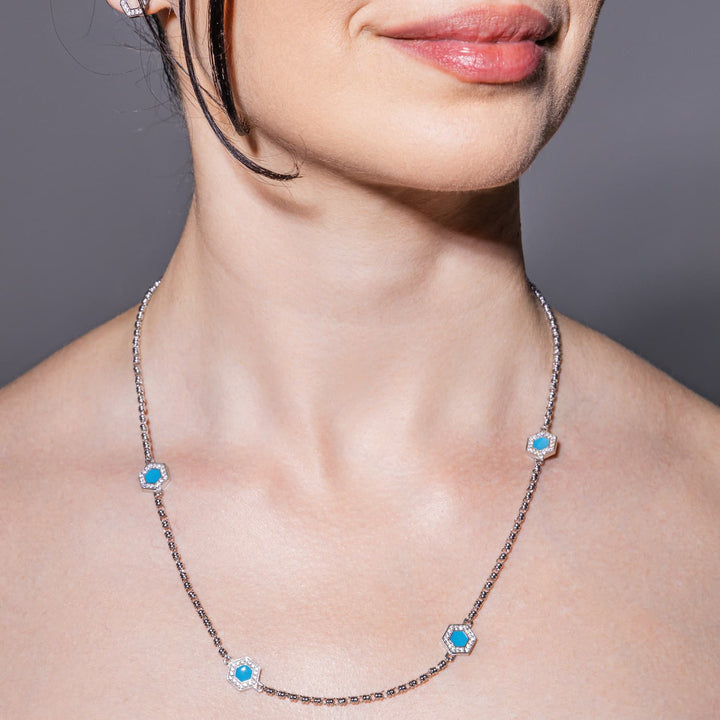 Collana Deco Statement in Rodio con Blu, Turchese & Pavé