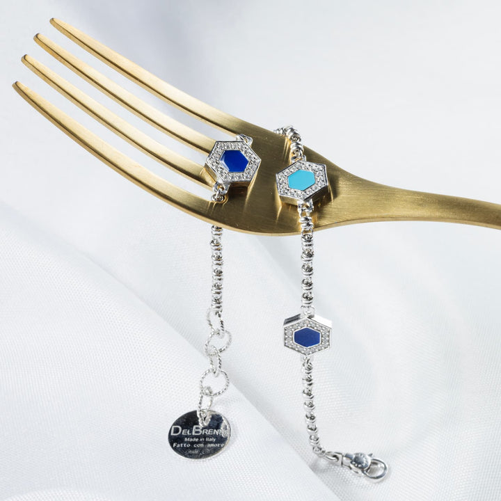 Bracciale Deco Statement in Rodio con Blu, Turchese & Pavé