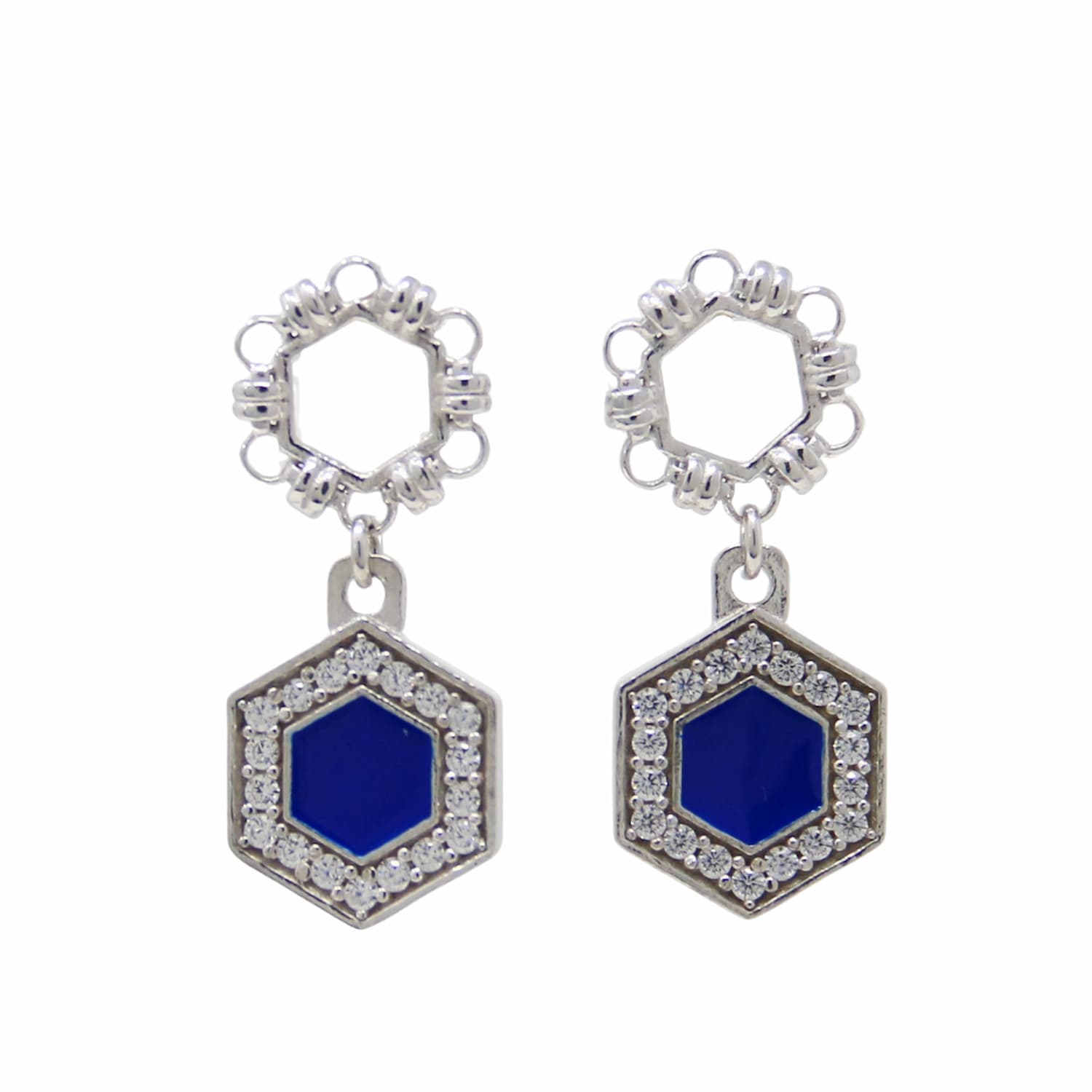 Orecchini Deco Statement in Rodio con Blu & Pavé