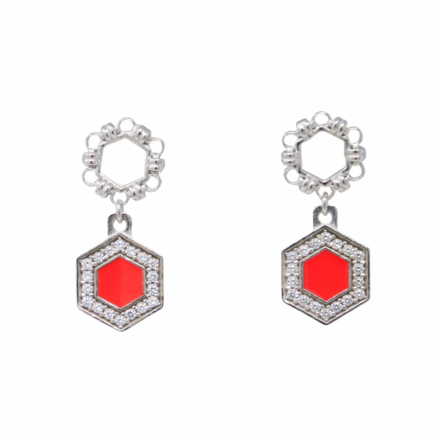 Orecchini Deco Statement in Rodio con Corallo & Pavé