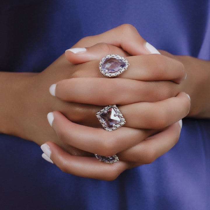 Anello Goccia in Rodio con Ametista, Grande