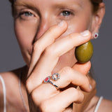 Anello Deco Statement in Rodio con Corallo & Pavé