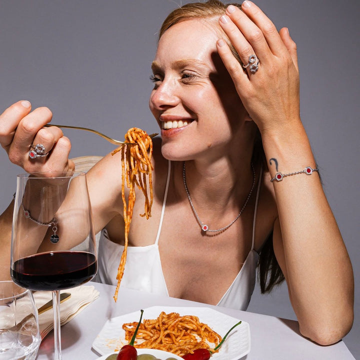 Collana Deco in Rodio con Rosso, Corallo & Pavé