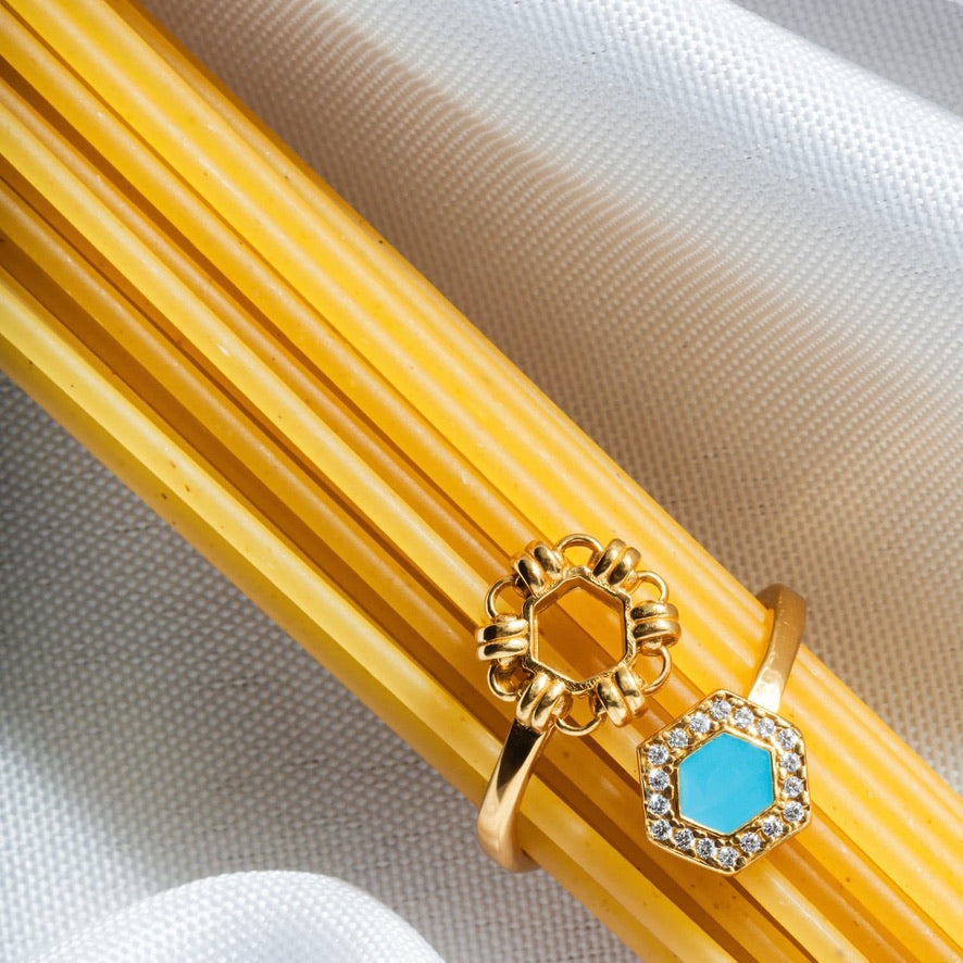 Anello Deco Statement in Oro con Turchese & Pavé