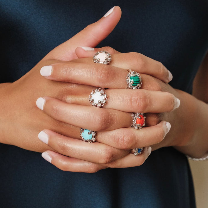 Anello Gemma in Rodio con Agata Bianca