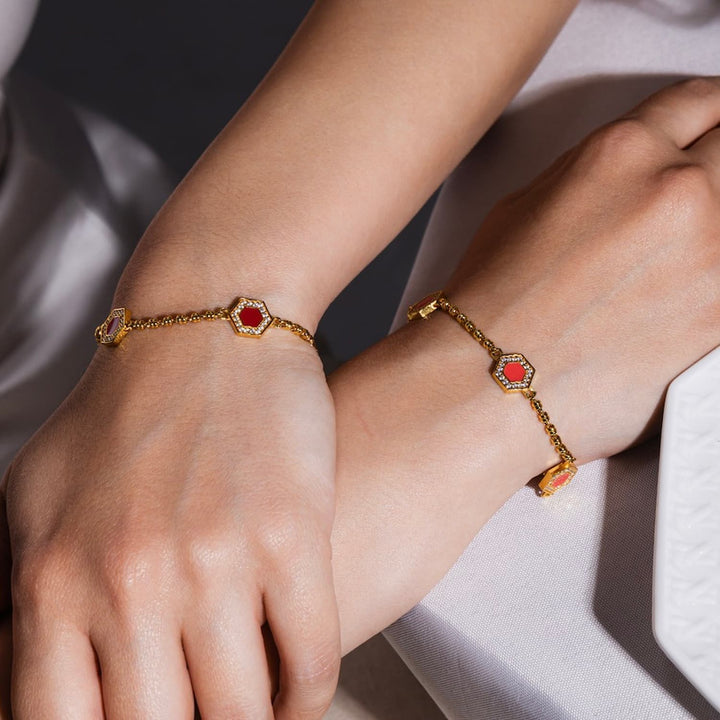 Bracciale Deco Statement in Oro con Rosso, Corallo & Pavé