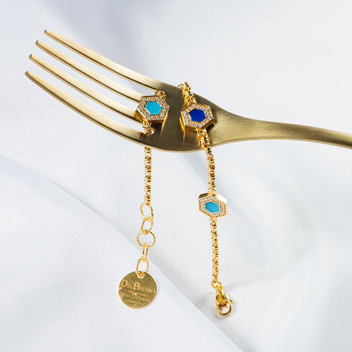 Bracciale Deco Statement in Oro con Blu, Turchese & Pavé