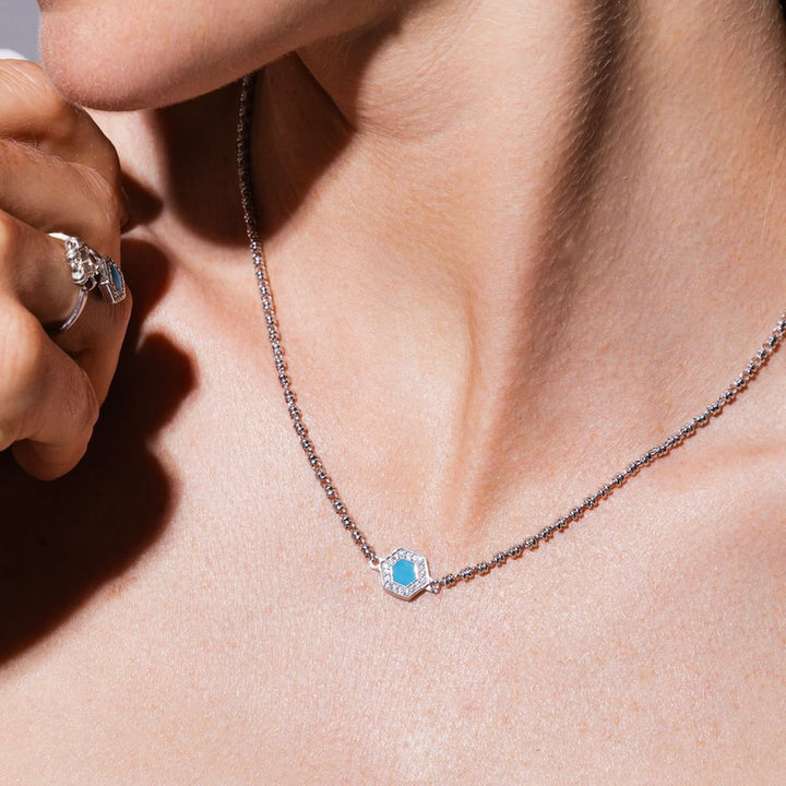 Collana Deco in Rodio con Blu, Turchese & Pavé