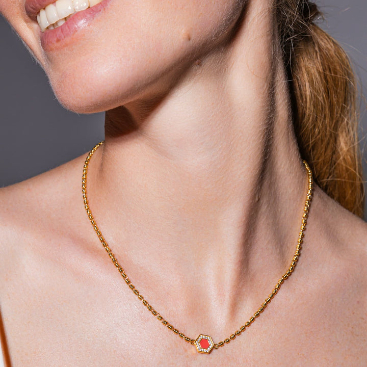 Collana Deco in Oro con Rosso, Corallo & Pavé