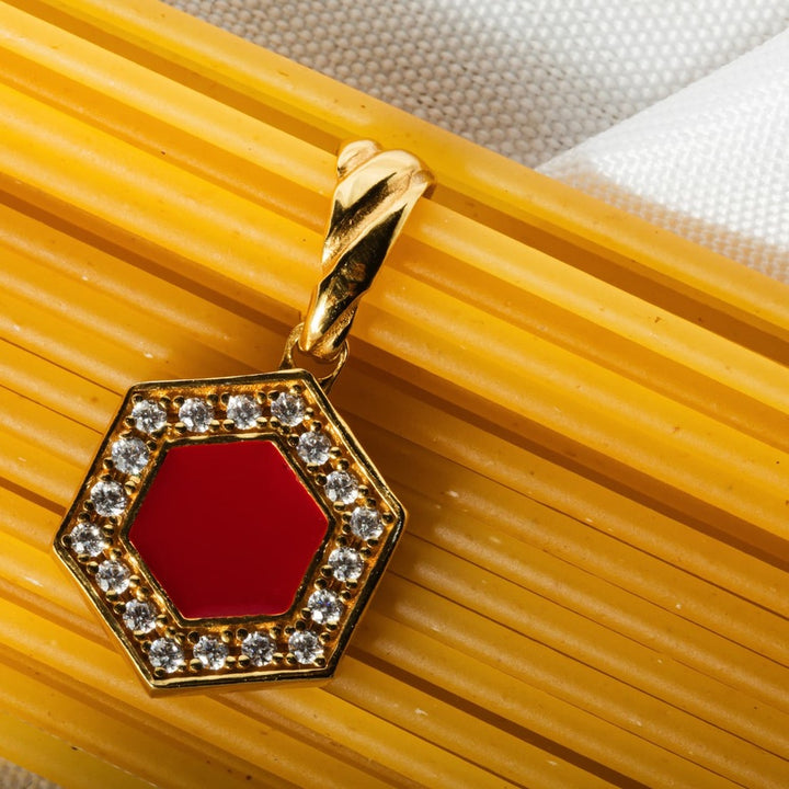 Pendente Deco in Oro con Rosso, Corallo & Pavé