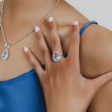 Anello Goccia in Rodio con Topazio Azzurro, Grande