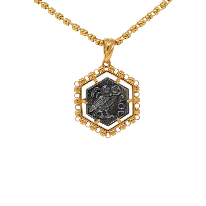 Pendente Filary Esagonale in Oro con Formella Civetta Argento Anticato