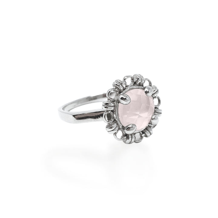 Anello Mini Filary in Rodio con Quarzo Rosa