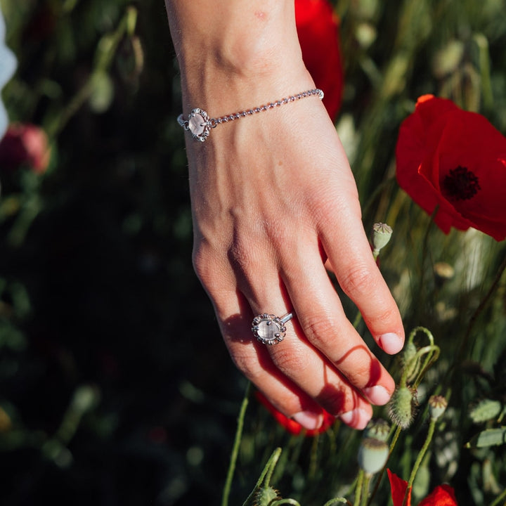 Anello Mini Filary in Rodio con Quarzo Rosa